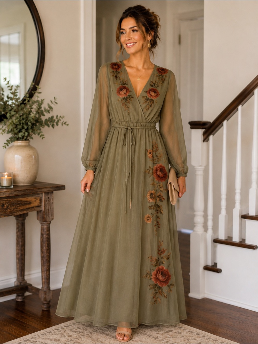 Olive Floral Embroidered V-Neck Maxi Dress